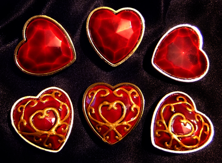 Heart Container brooches, with painted gem and gold coloured metal frame