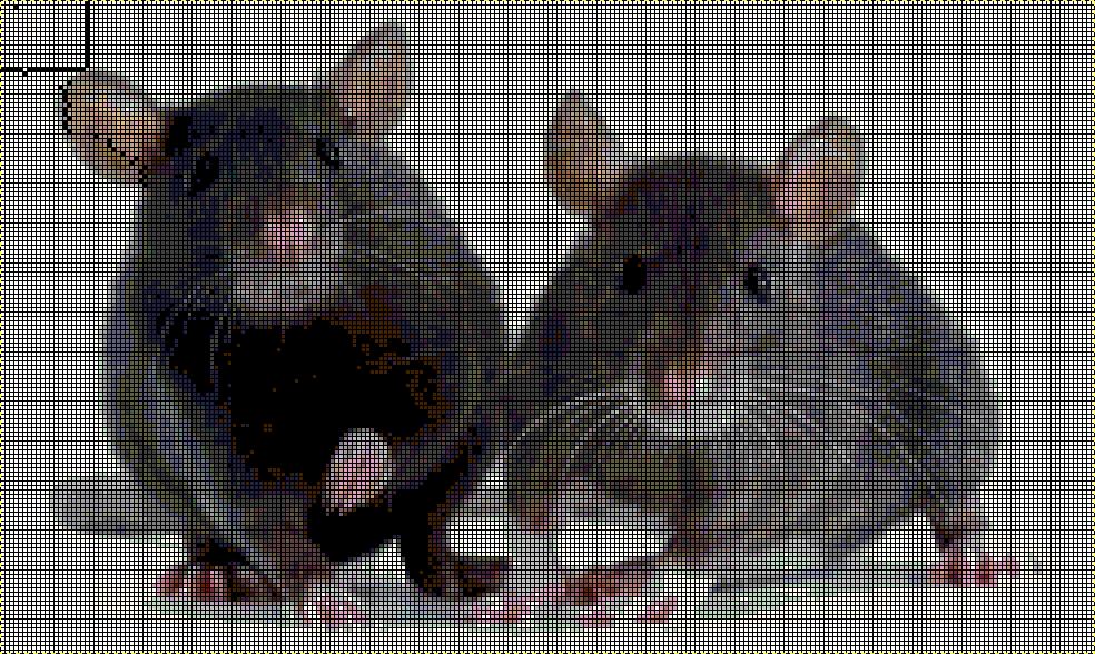 this is the Graph I'm using, made it by blimping the picture up and shrinking, then did it again to pixelate and added a GIMP grid to guide each stitch. You can try it too if you have the colors, but please lemme know what yours looks like if you do =D